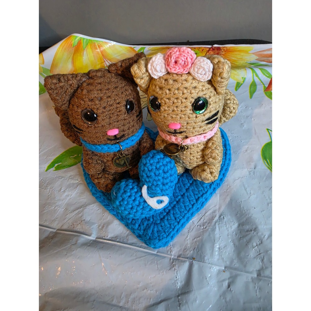 Handmade Crochet Amigurumi Cat Couple on Heart Base Initial Charms Tan Brown